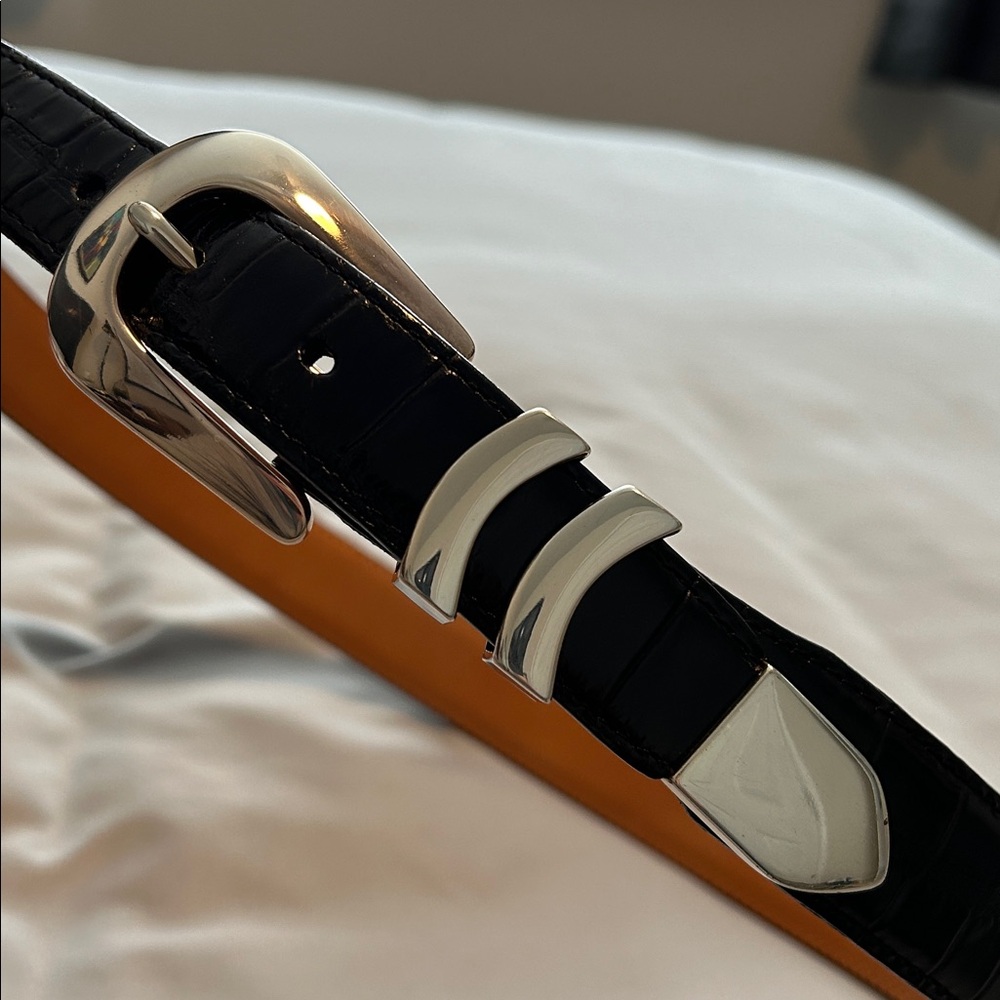 Onyx Black Leather Belt with Silver Buckle 34 Made in USA